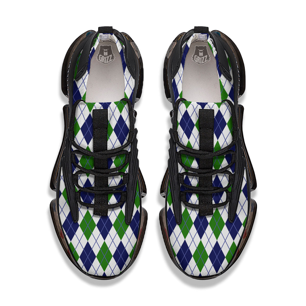White Green And Navy Argyle Print Black Gym Shoes-grizzshop