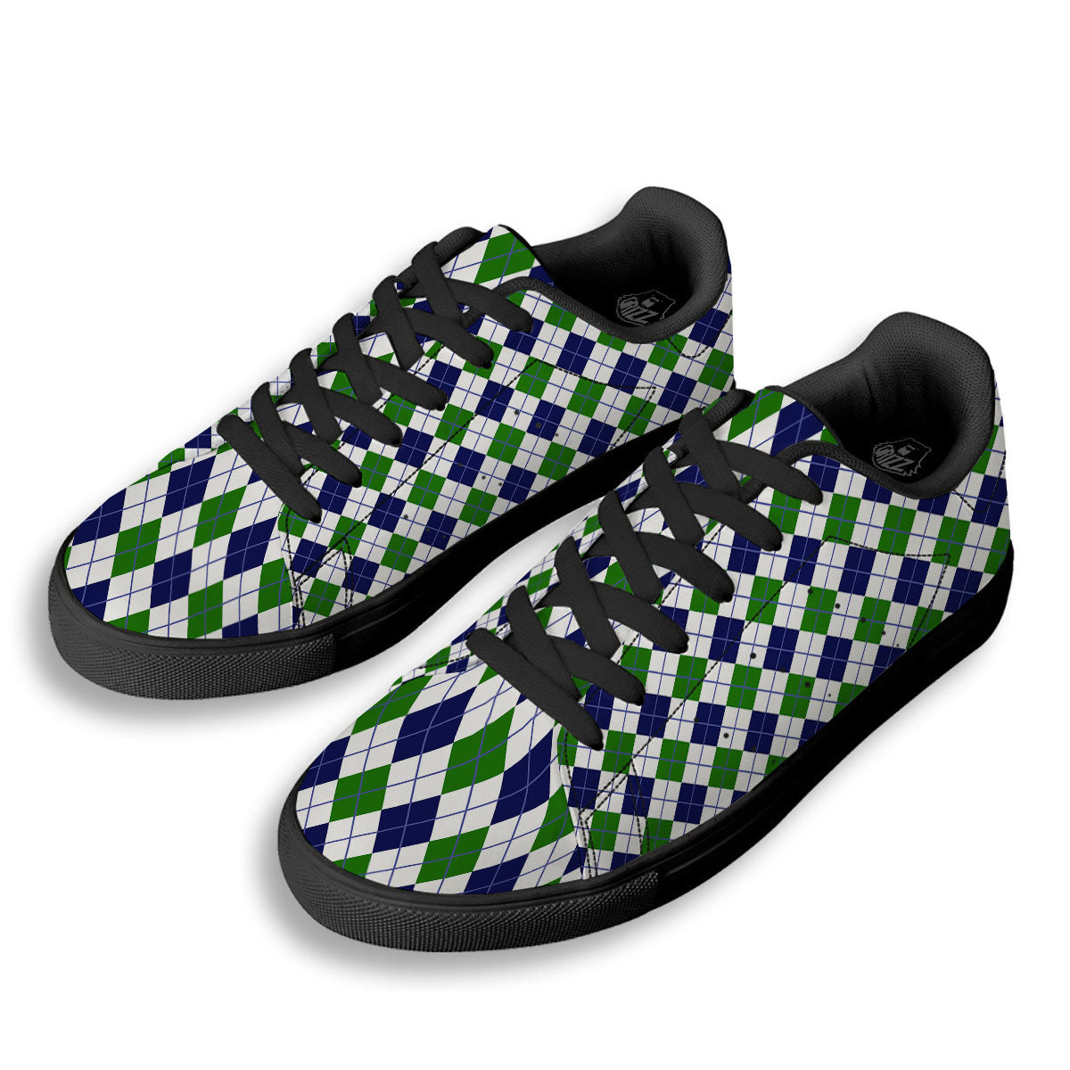 White Green And Navy Argyle Print Black Low Top Sneakers-grizzshop