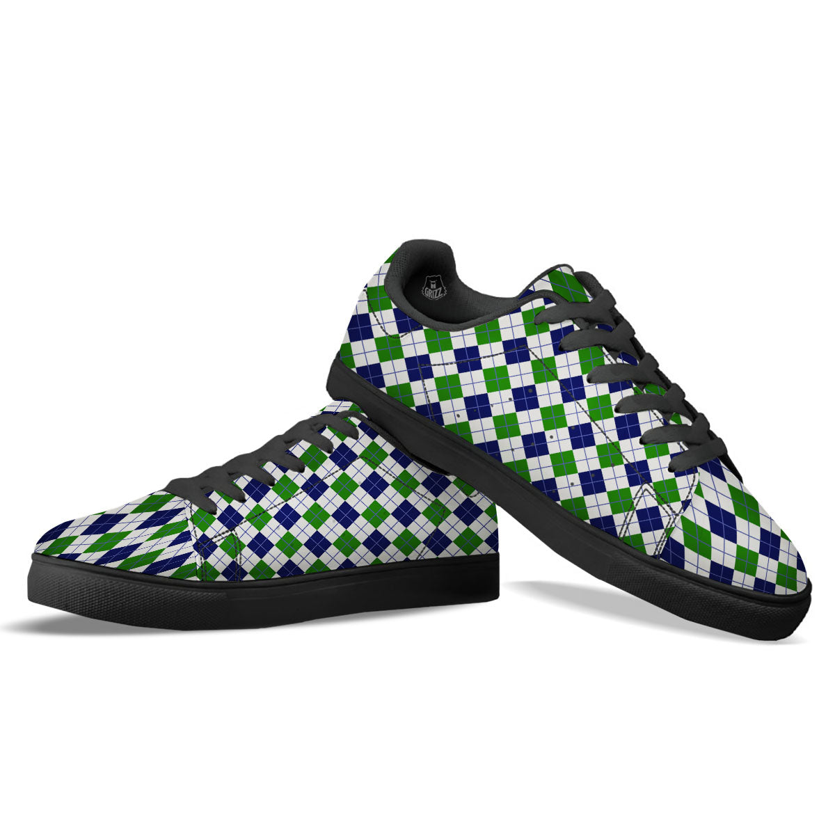 White Green And Navy Argyle Print Black Low Top Sneakers-grizzshop