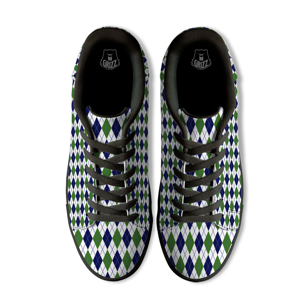 White Green And Navy Argyle Print Black Low Top Sneakers-grizzshop