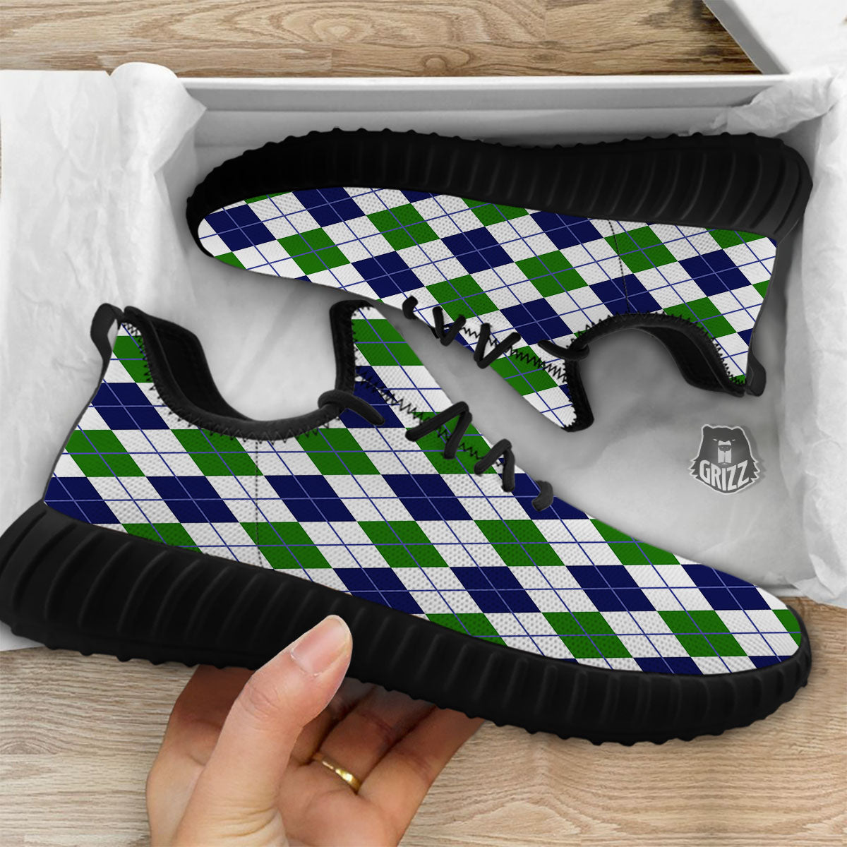 White Green And Navy Argyle Print Black Walking Shoes-grizzshop