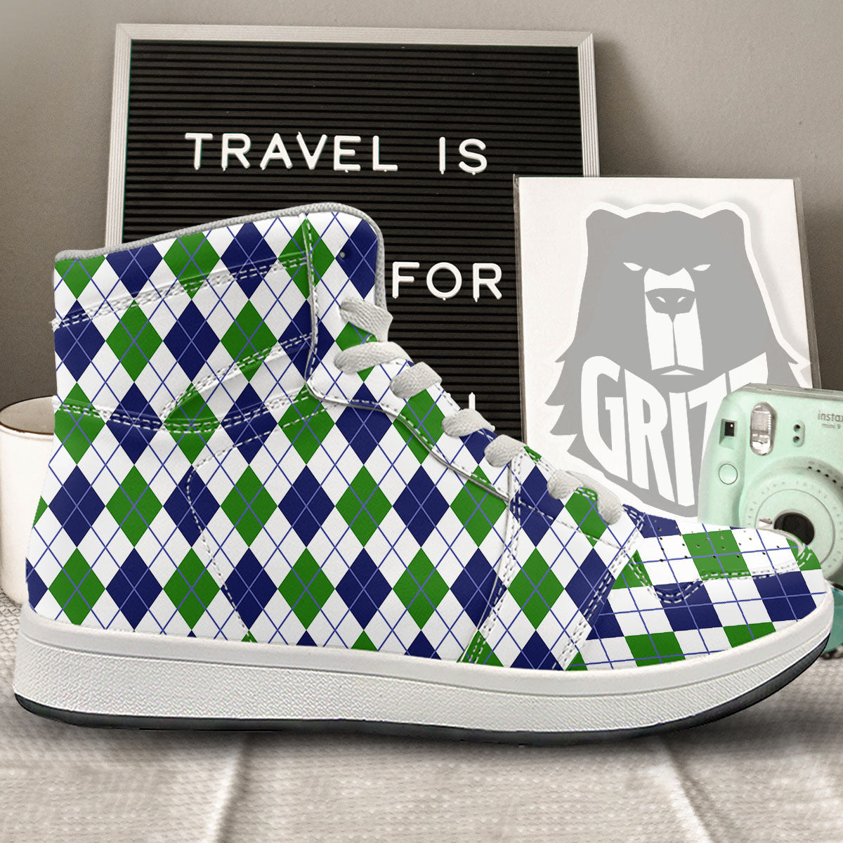 White Green And Navy Argyle Print High Top Sneakers-grizzshop