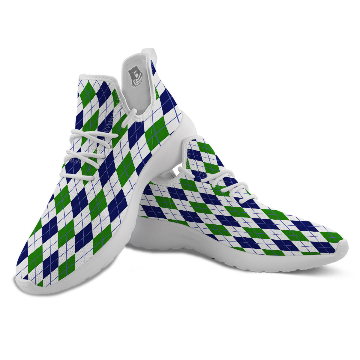 White Green And Navy Argyle Print White Athletic Shoes-grizzshop