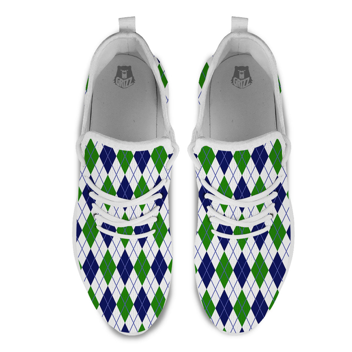 White Green And Navy Argyle Print White Athletic Shoes-grizzshop