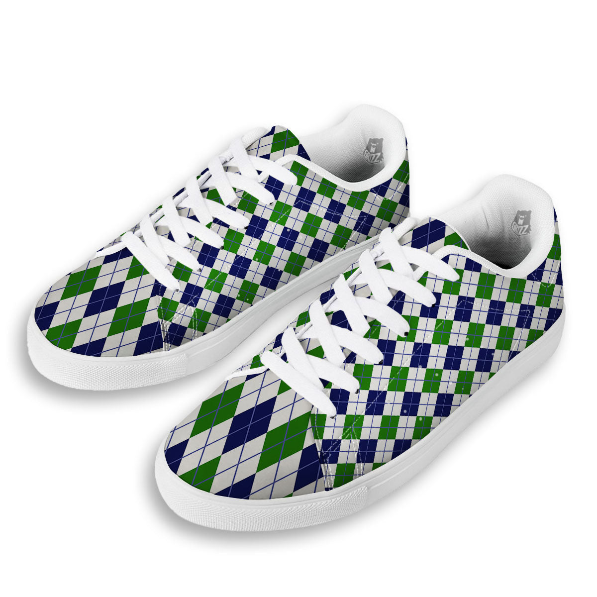 White Green And Navy Argyle Print White Low Top Sneakers-grizzshop