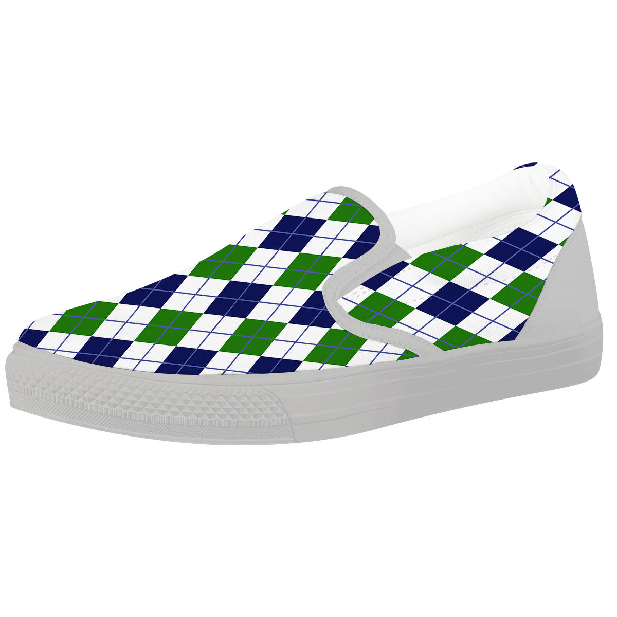 White Green And Navy Argyle Print White Slip On Shoes-grizzshop