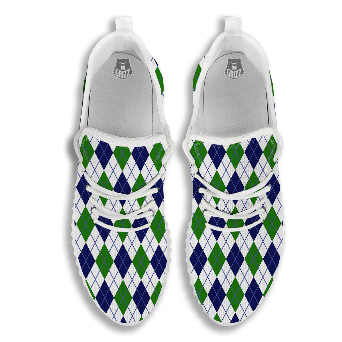 White Green And Navy Argyle Print White Walking Shoes-grizzshop
