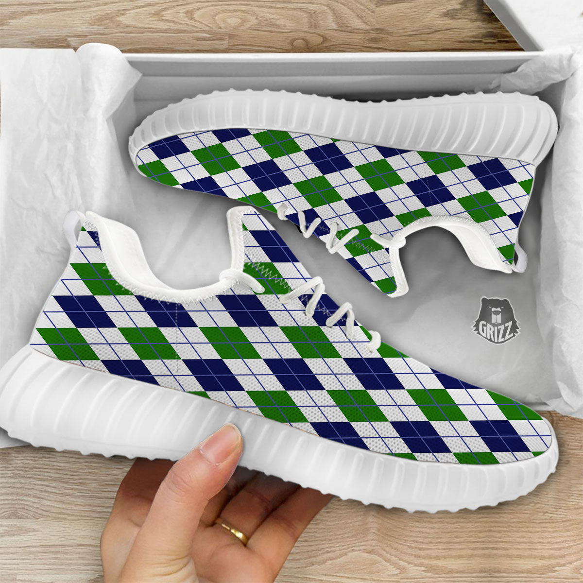 White Green And Navy Argyle Print White Walking Shoes-grizzshop