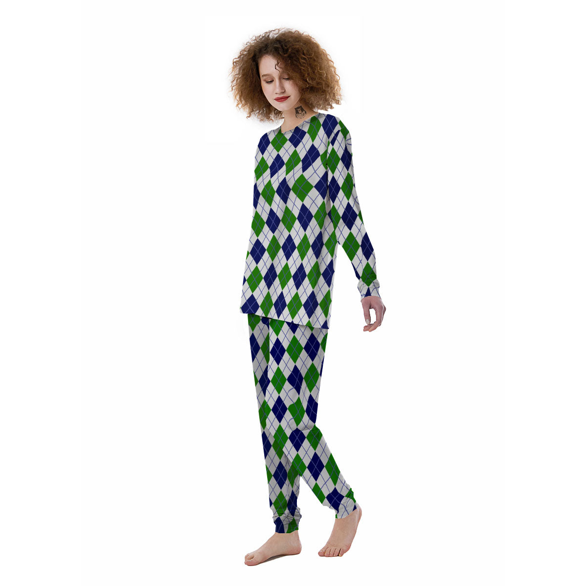 White Green And Navy Argyle Print Women's Pajamas-grizzshop