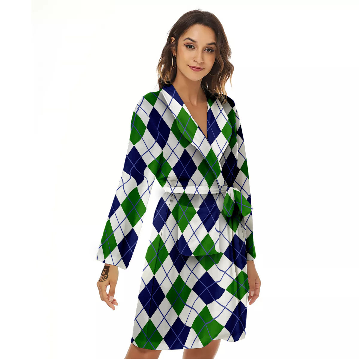 White Green And Navy Argyle Print Women's Robe-grizzshop