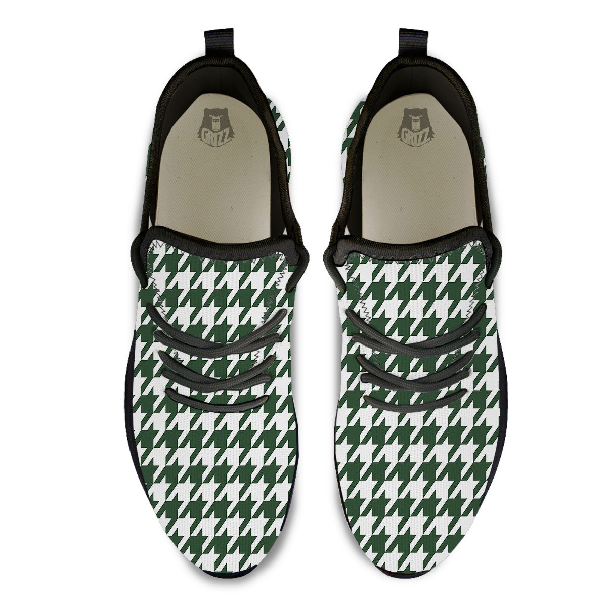 White Green Jungle Houndstooth Print Black Athletic Shoes-grizzshop