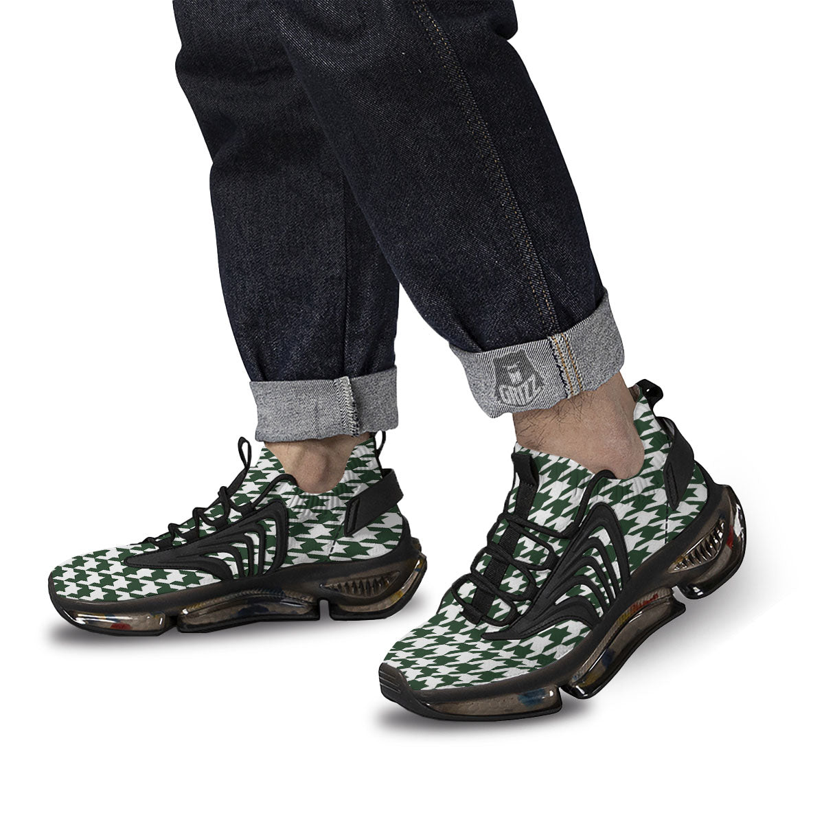 White Green Jungle Houndstooth Print Black Gym Shoes-grizzshop