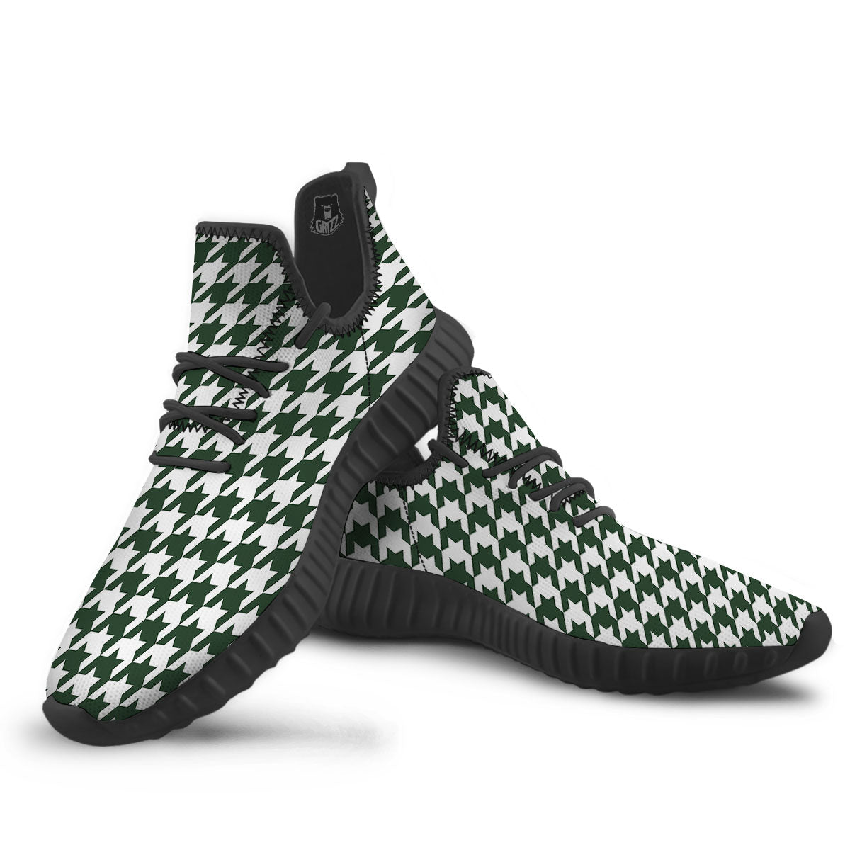 White Green Jungle Houndstooth Print Black Walking Shoes-grizzshop