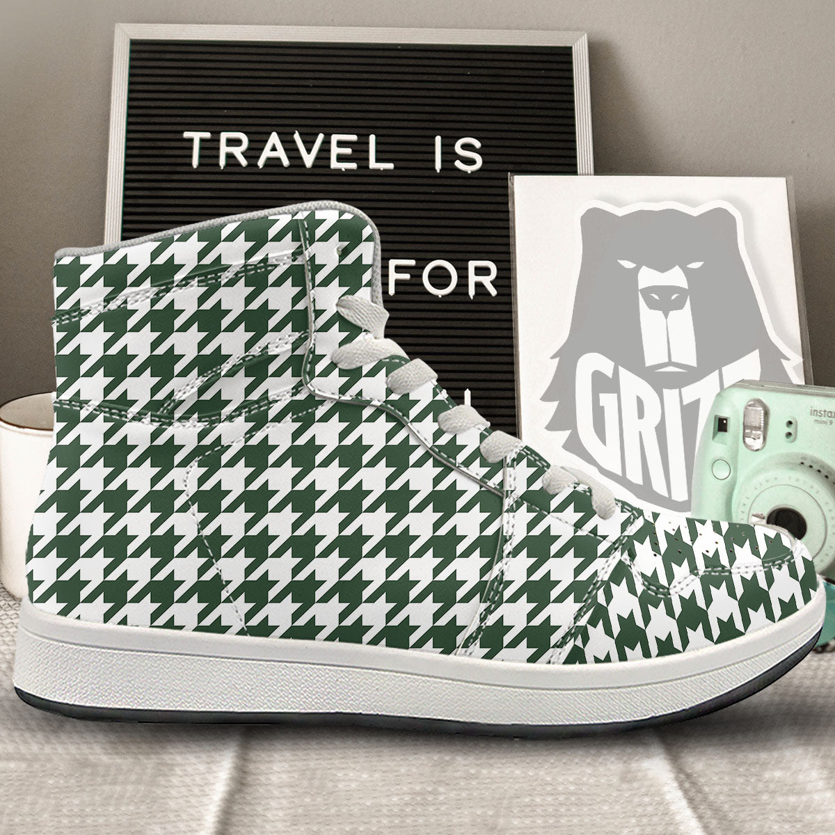 White Green Jungle Houndstooth Print High Top Sneakers-grizzshop