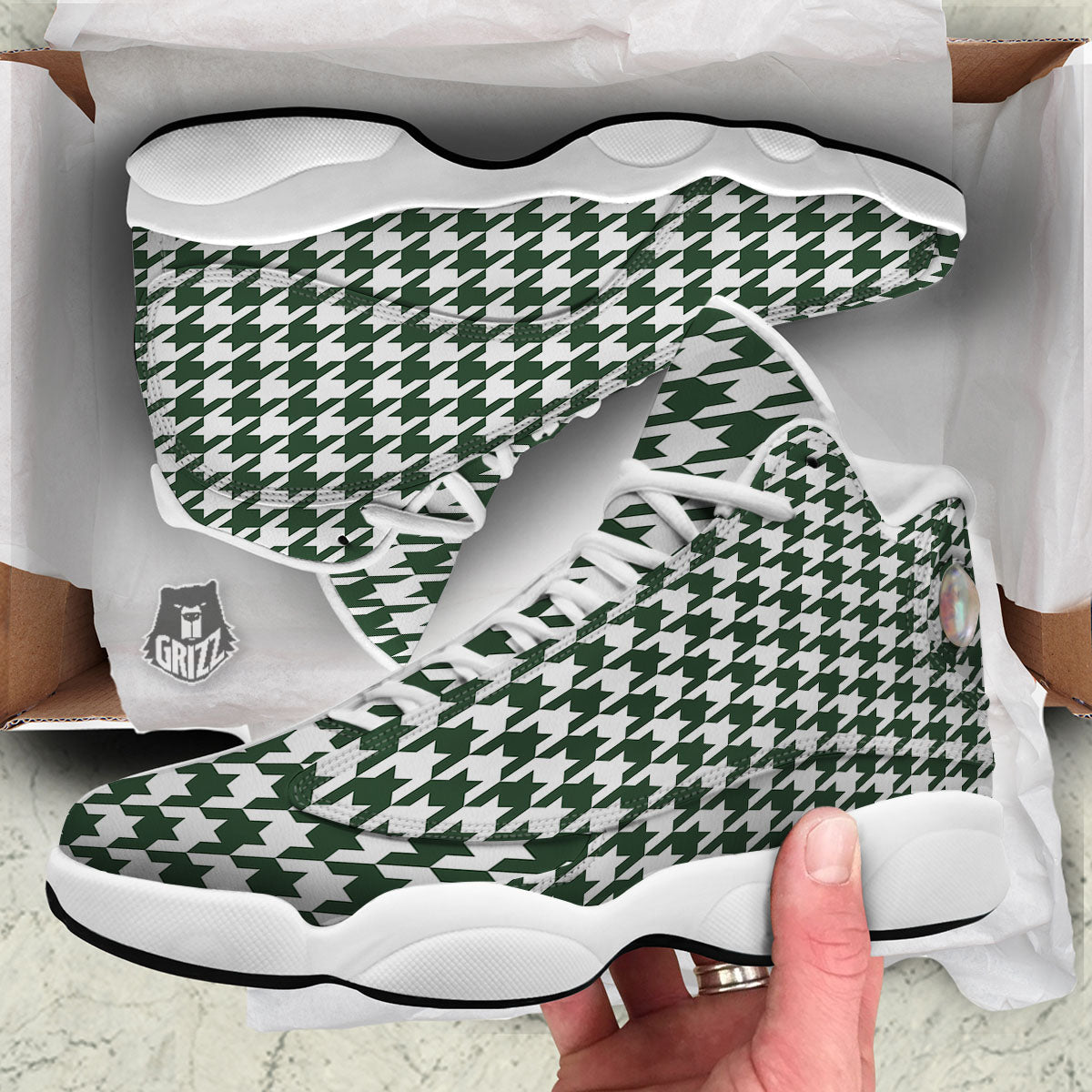 White Green Jungle Houndstooth Print White Basketball Shoes-grizzshop