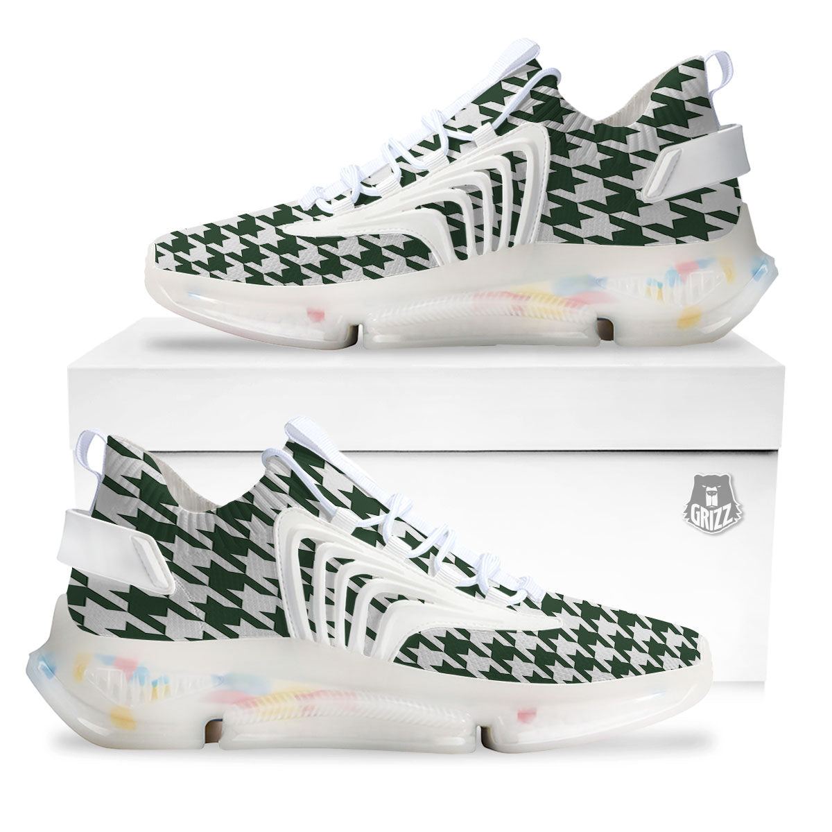 White Green Jungle Houndstooth Print White Gym Shoes-grizzshop