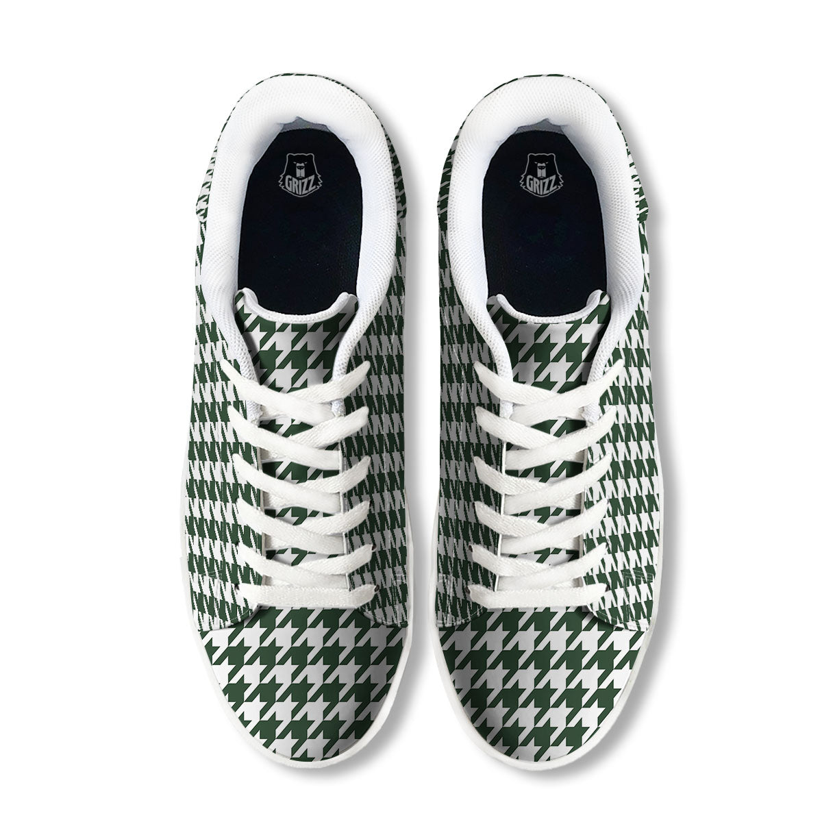 White Green Jungle Houndstooth Print White Low Top Sneakers-grizzshop