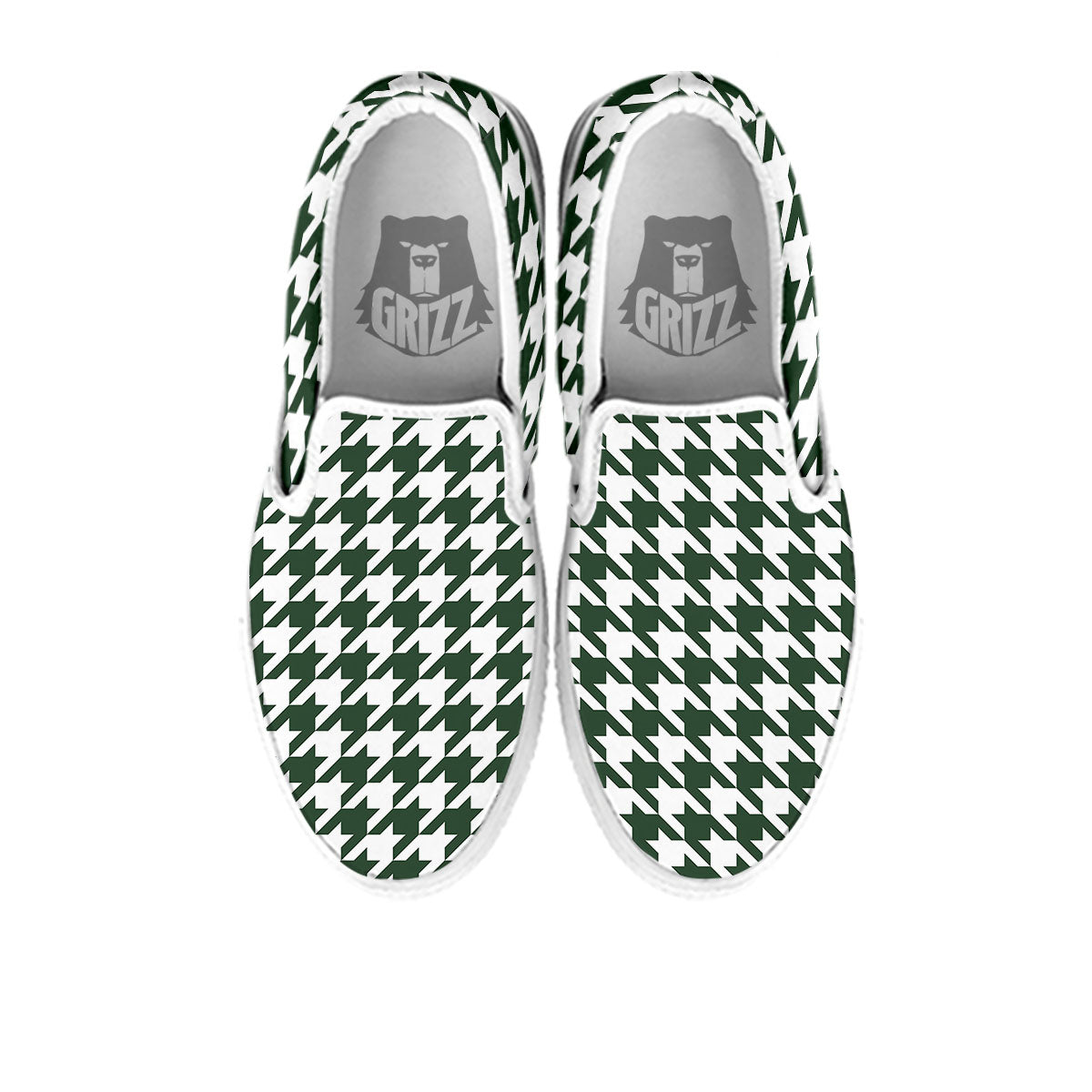 White Green Jungle Houndstooth Print White Slip On Shoes-grizzshop