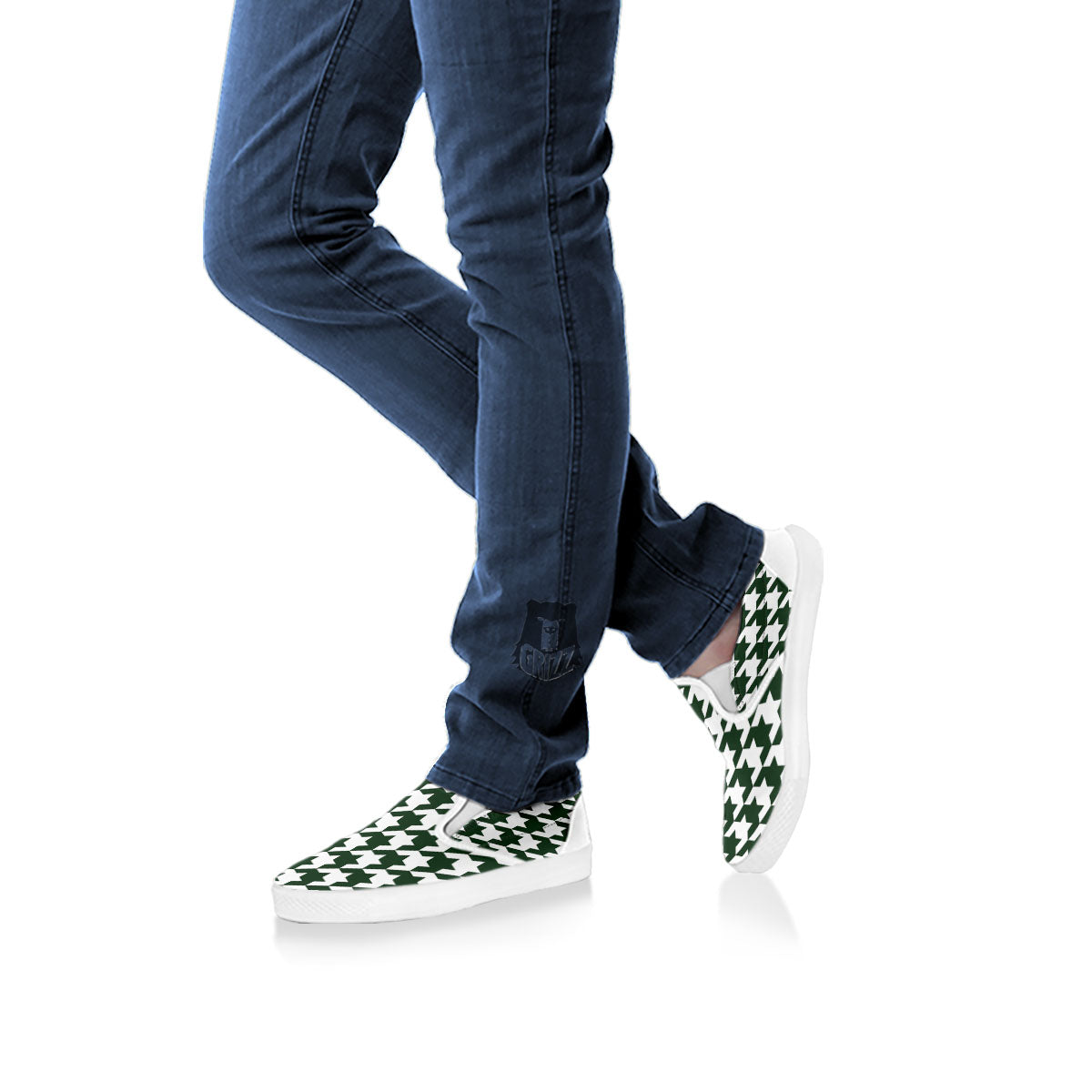 White Green Jungle Houndstooth Print White Slip On Shoes-grizzshop
