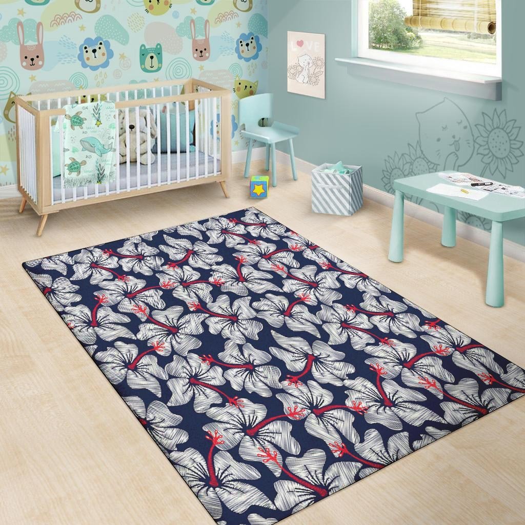 White Hibiscus Tropical Floral Hawaiian Print Floor Mat-grizzshop