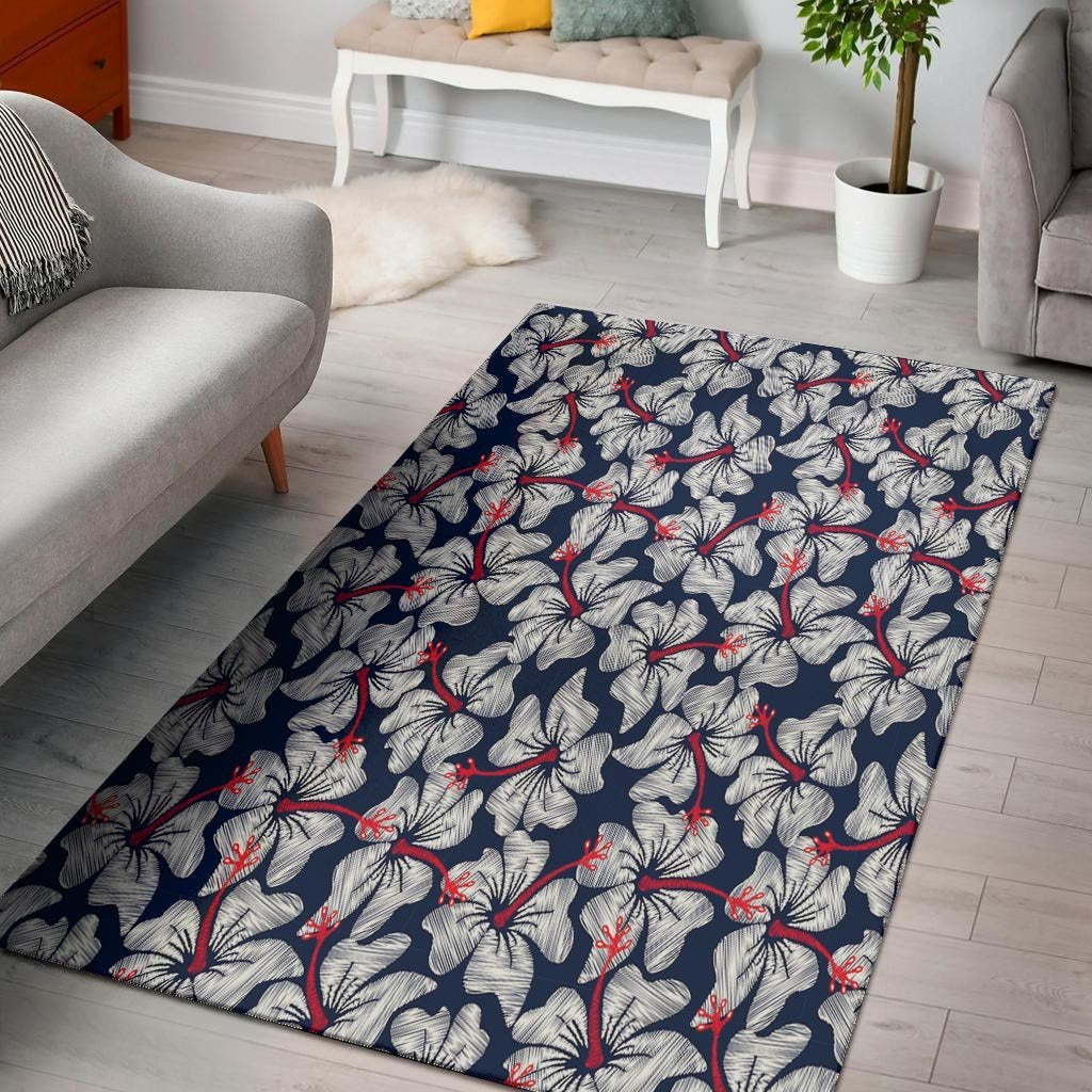 White Hibiscus Tropical Floral Hawaiian Print Floor Mat-grizzshop
