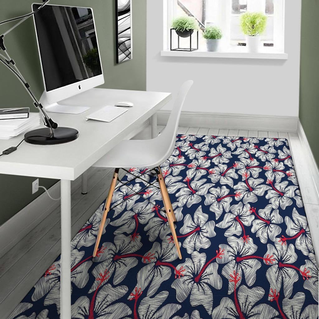 White Hibiscus Tropical Floral Hawaiian Print Floor Mat-grizzshop