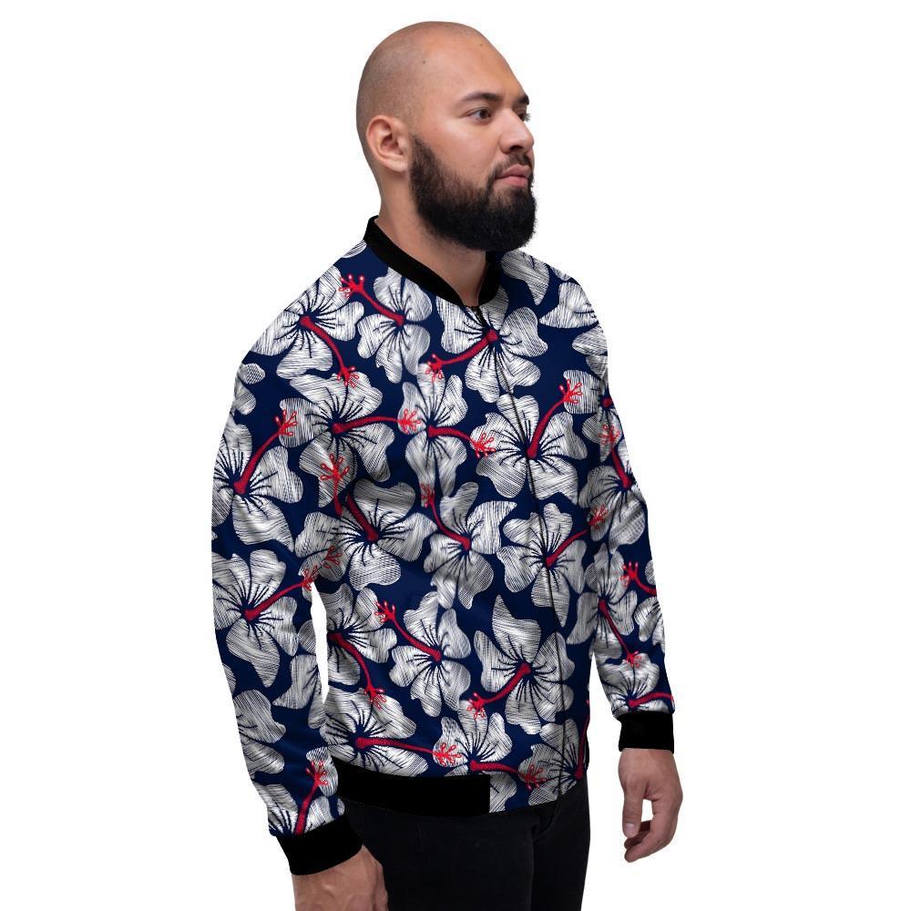 White Hibiscus Tropical Floral Hawaiian Print Men's Bomber Jacket-grizzshop