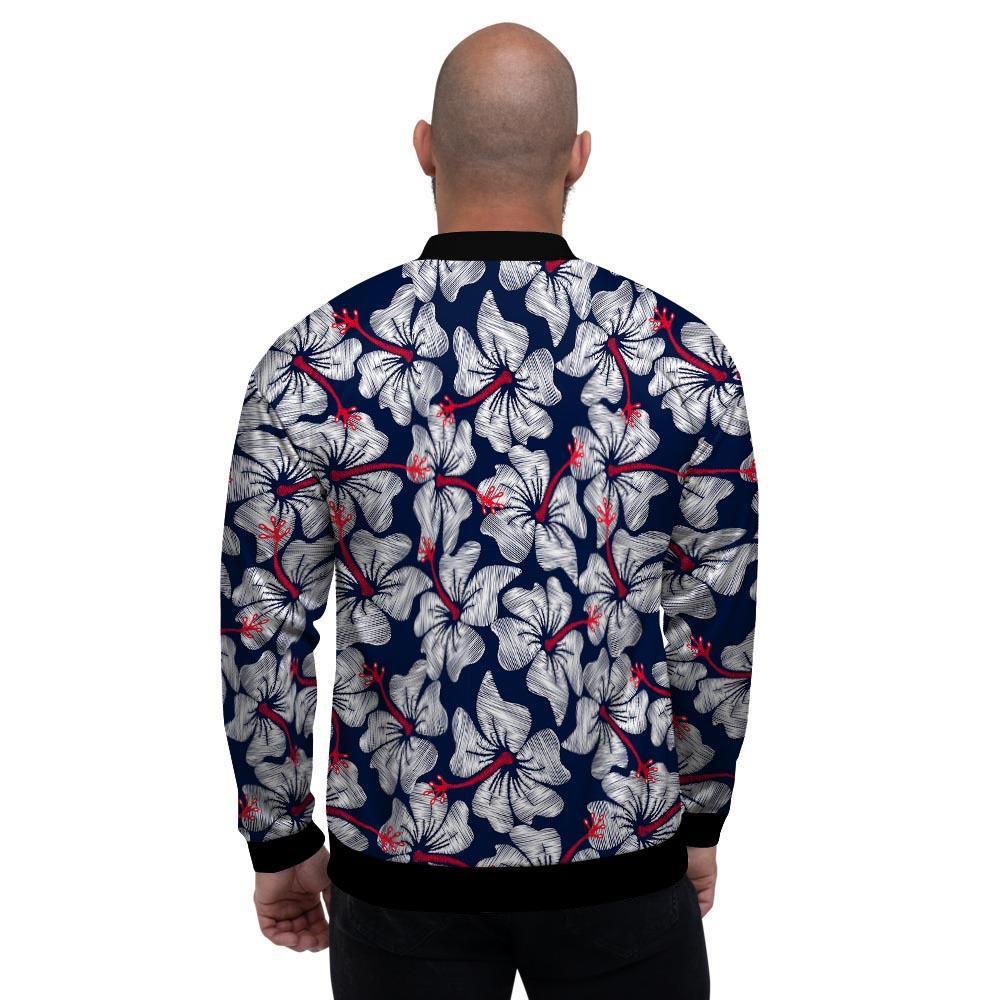 White Hibiscus Tropical Floral Hawaiian Print Men's Bomber Jacket-grizzshop