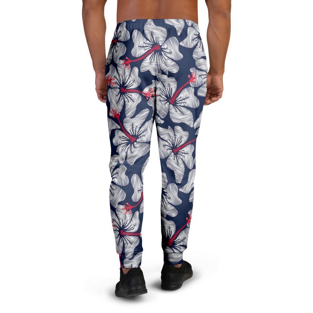 White Hibiscus Tropical Floral Hawaiian Print Men's Joggers-grizzshop