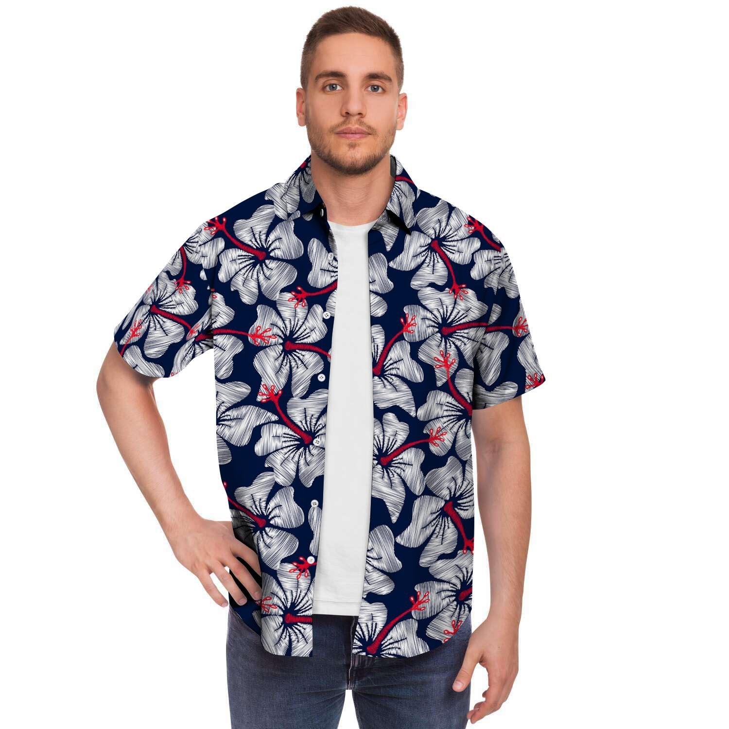 White Hibiscus Tropical Floral Hawaiian Print Men's Short Sleeve Shirt-grizzshop