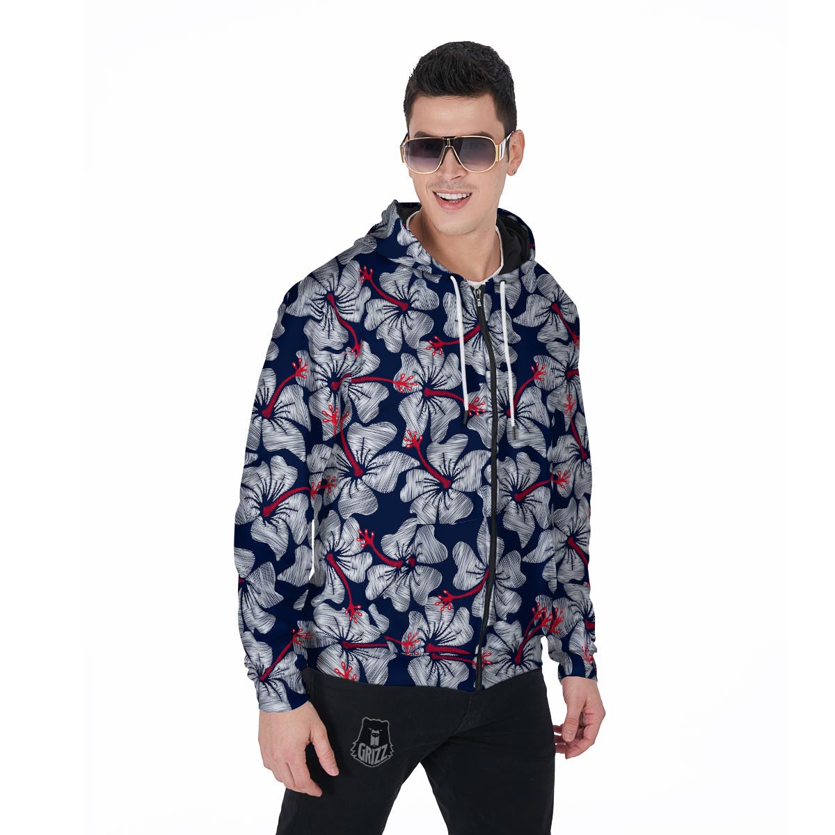 White Hibiscus Tropical Floral Hawaiian Print Men's Zip Up Hoodie-grizzshop