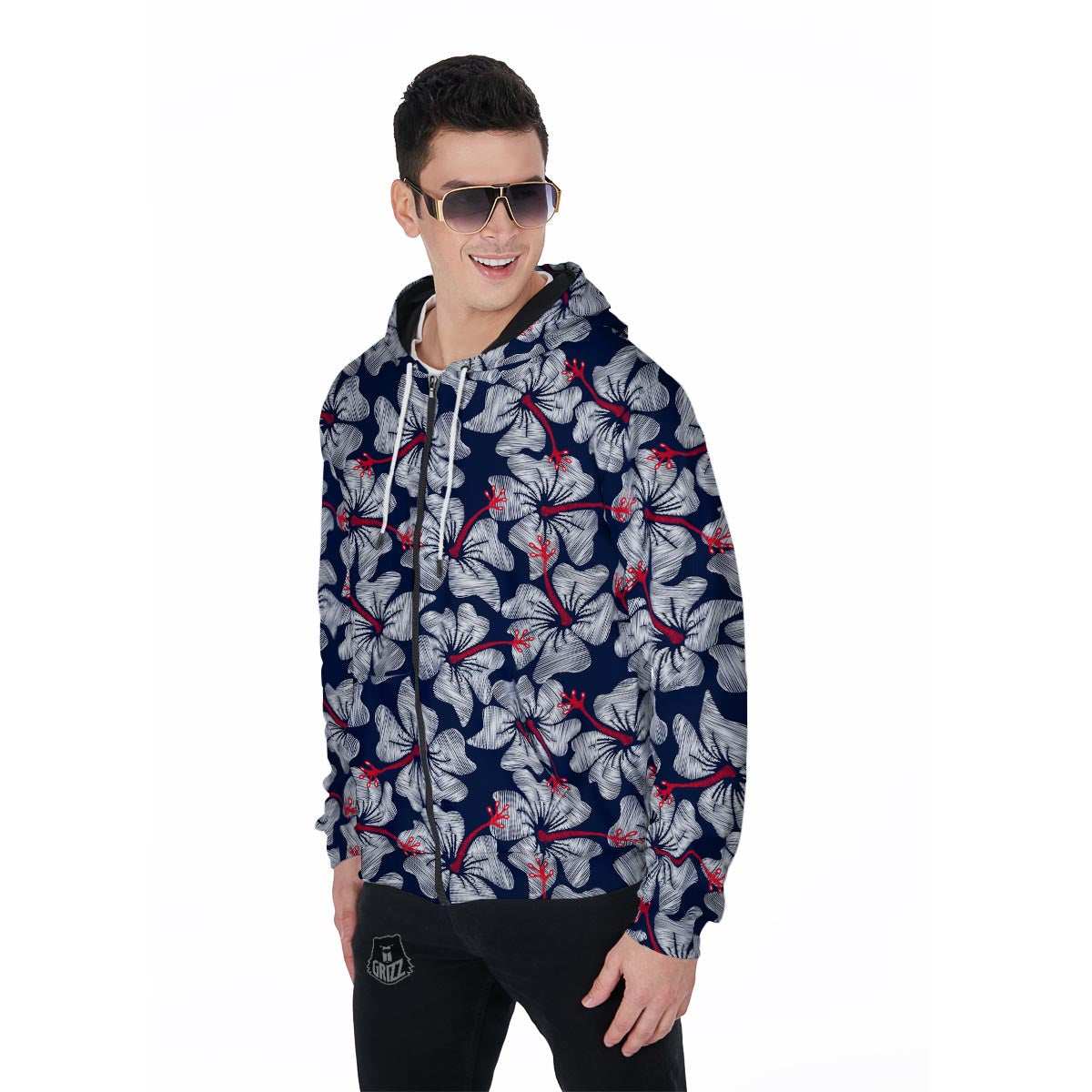 White Hibiscus Tropical Floral Hawaiian Print Men's Zip Up Hoodie-grizzshop