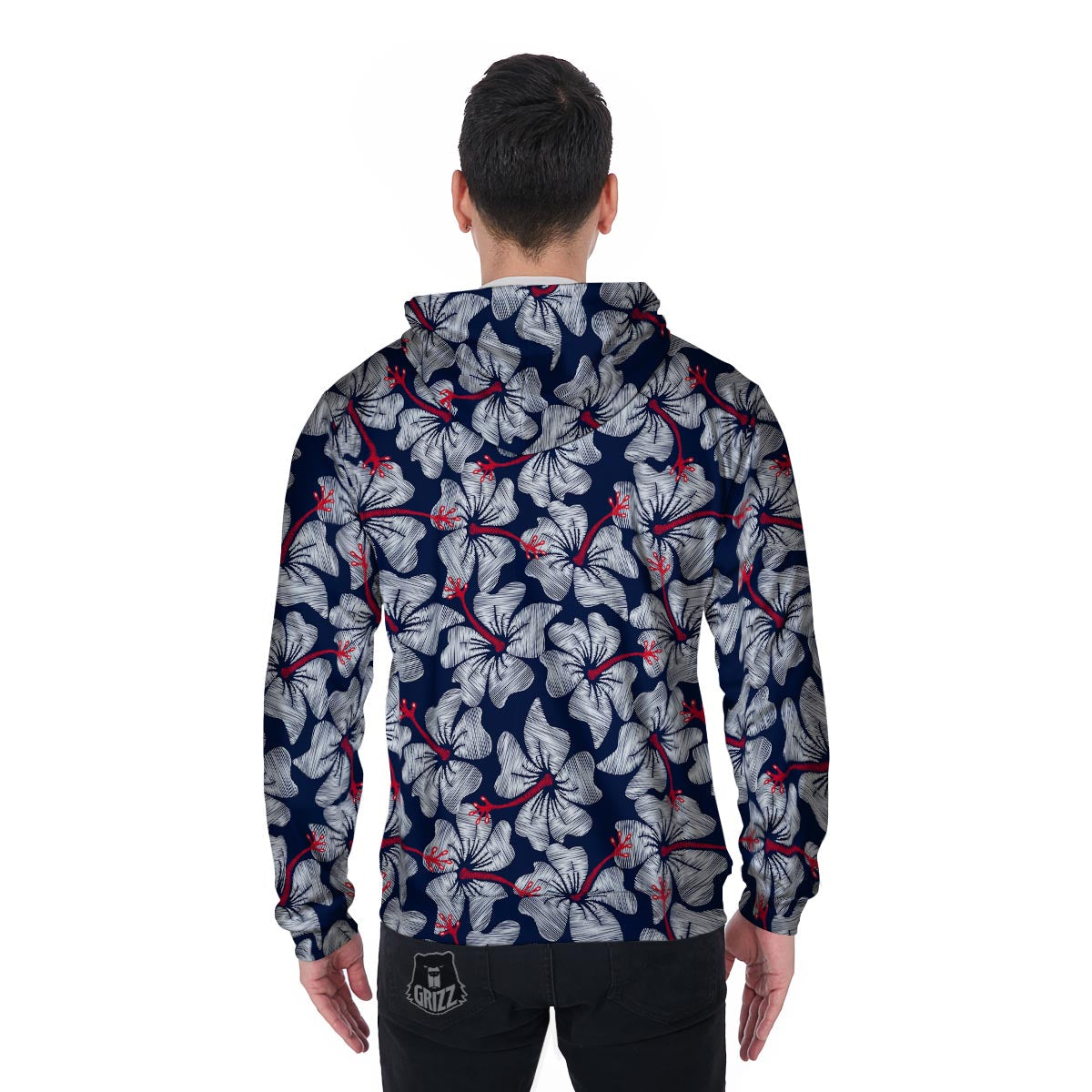 White Hibiscus Tropical Floral Hawaiian Print Men's Zip Up Hoodie-grizzshop