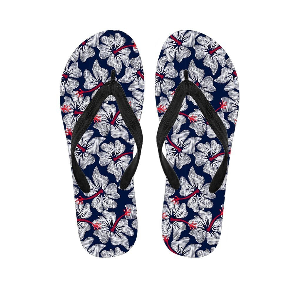 White Hibiscus Tropical Floral Hawaiian Print Women's Flip Flops-grizzshop