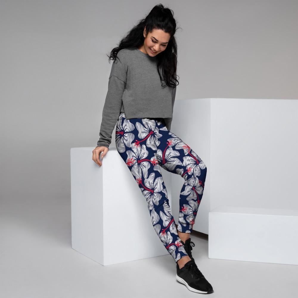 White Hibiscus Tropical Floral Hawaiian Print Women's Joggers-grizzshop
