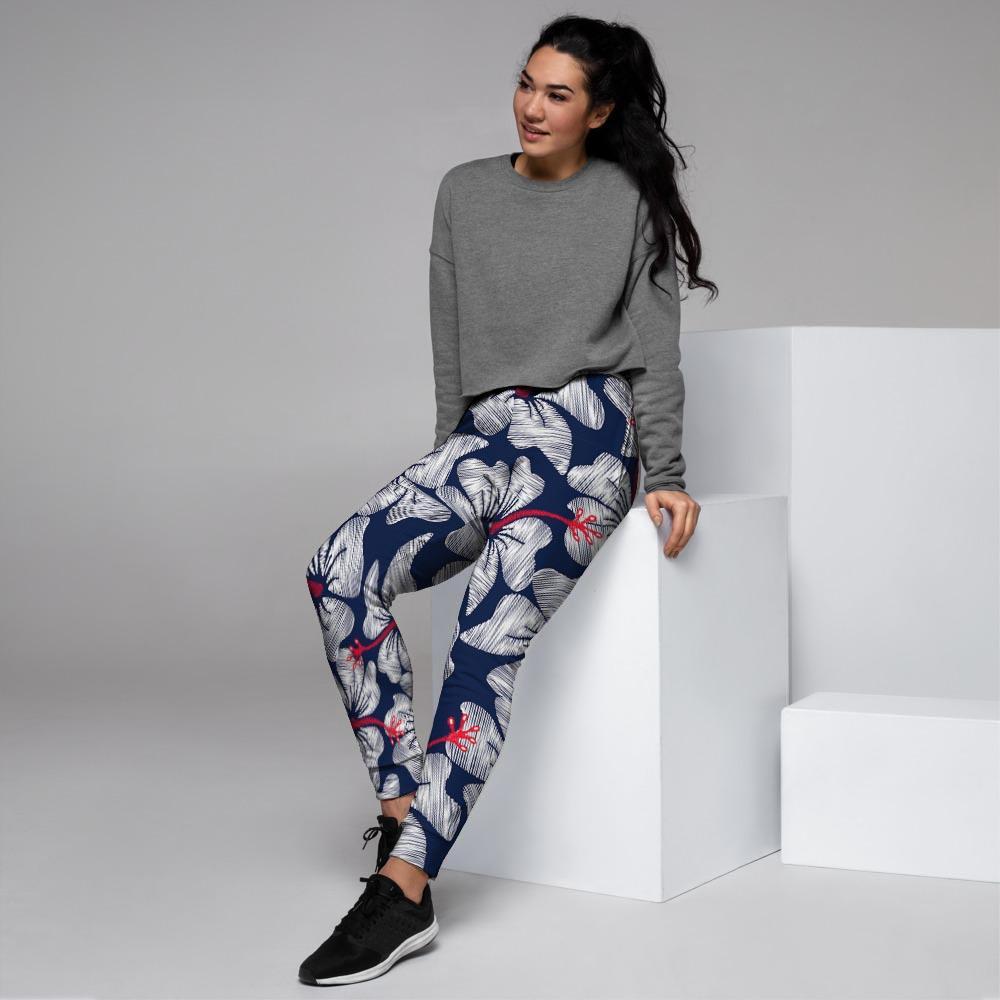 White Hibiscus Tropical Floral Hawaiian Print Women's Joggers-grizzshop