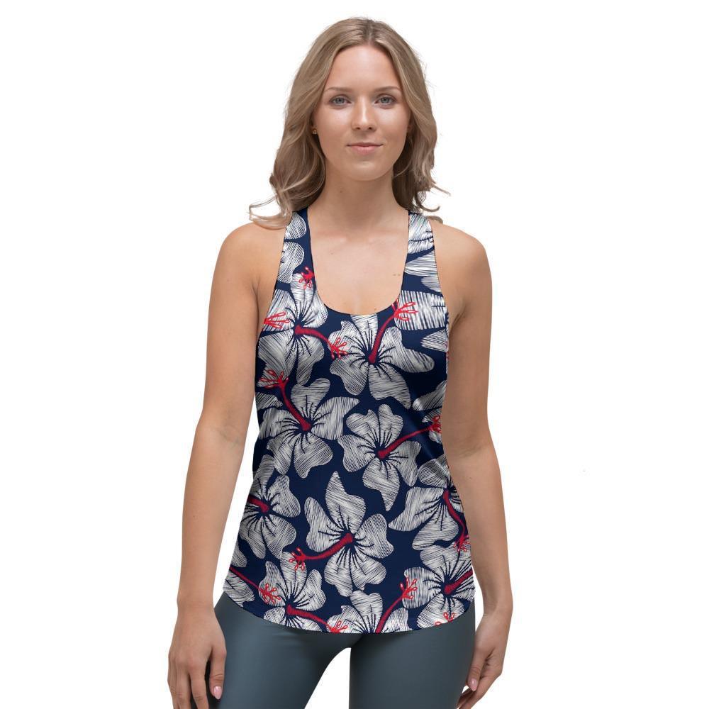 White Hibiscus Tropical Floral Hawaiian Print Women's Racerback Tank Top-grizzshop