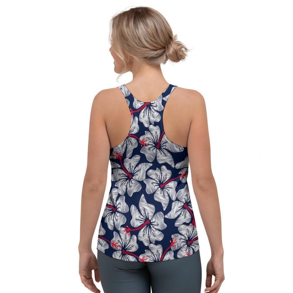 White Hibiscus Tropical Floral Hawaiian Print Women's Racerback Tank Top-grizzshop