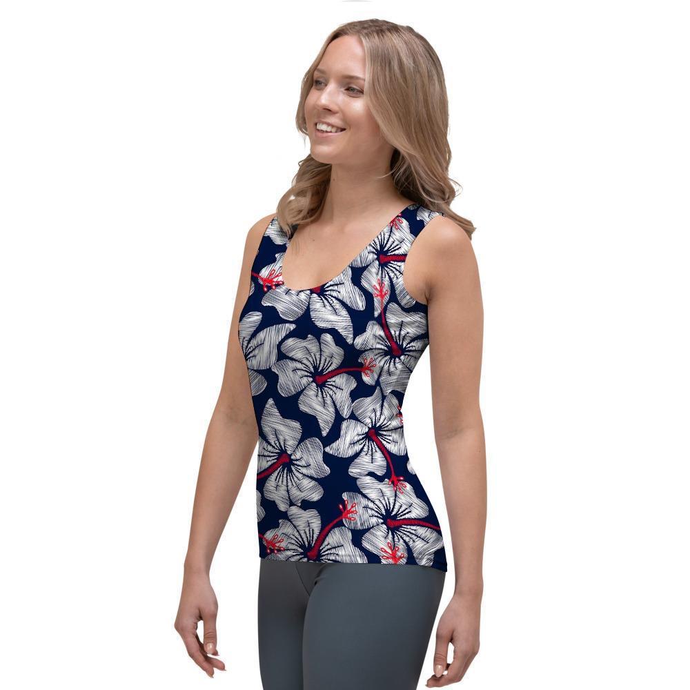 White Hibiscus Tropical Floral Hawaiian Print Women's Tank Top-grizzshop