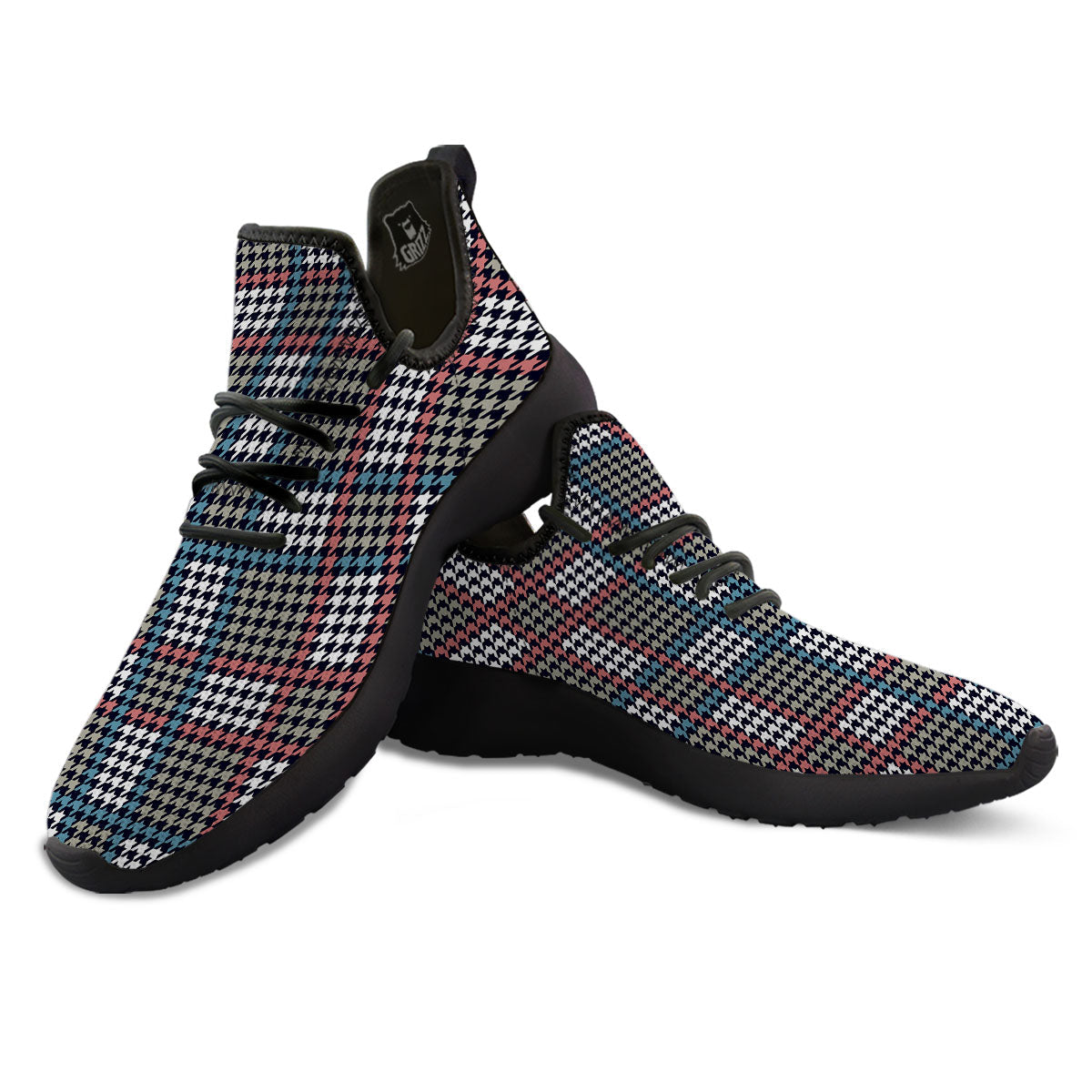 White Houndstooth And Blue Red Print Black Athletic Shoes-grizzshop