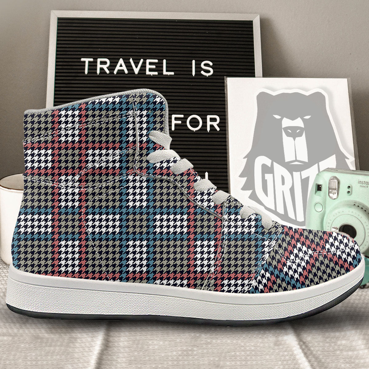 White Houndstooth And Blue Red Print High Top Sneakers-grizzshop