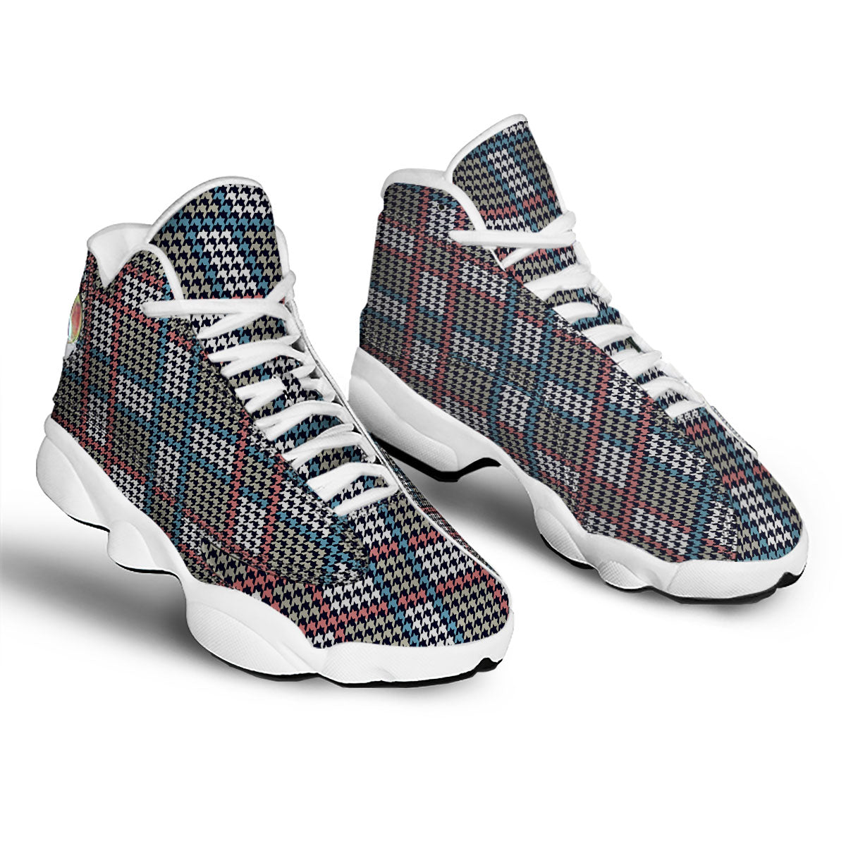 White Houndstooth And Blue Red Print White Basketball Shoes-grizzshop