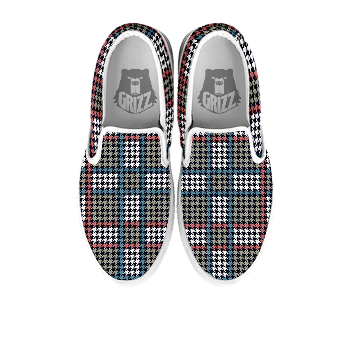 White Houndstooth And Blue Red Print White Slip On Shoes-grizzshop