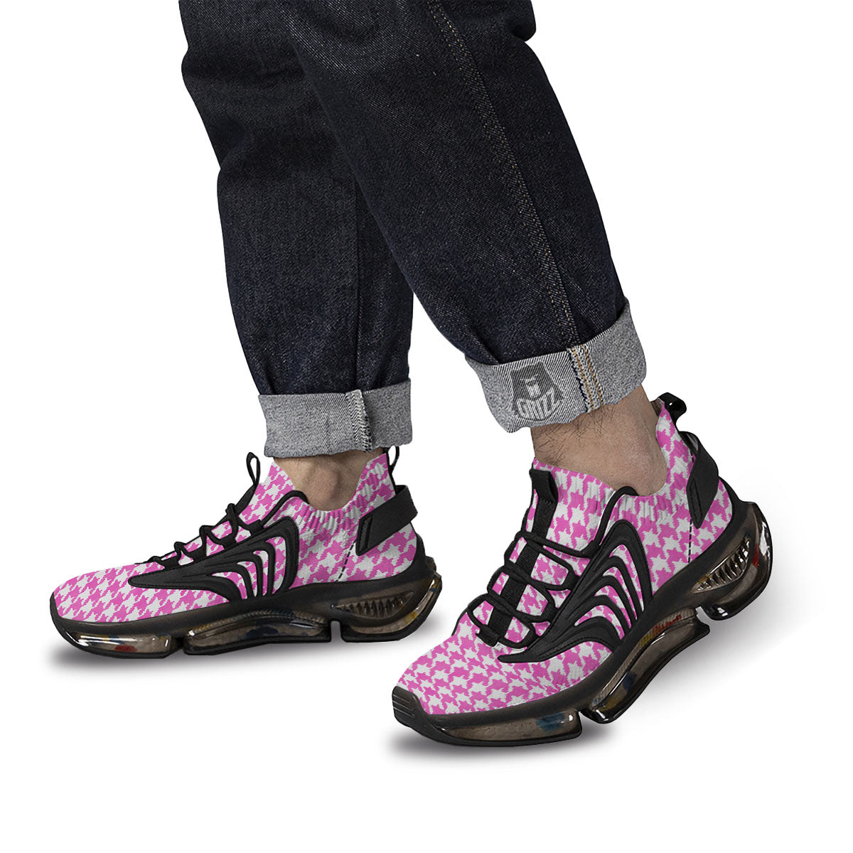 White Houndstooth And Pink Print Black Gym Shoes-grizzshop