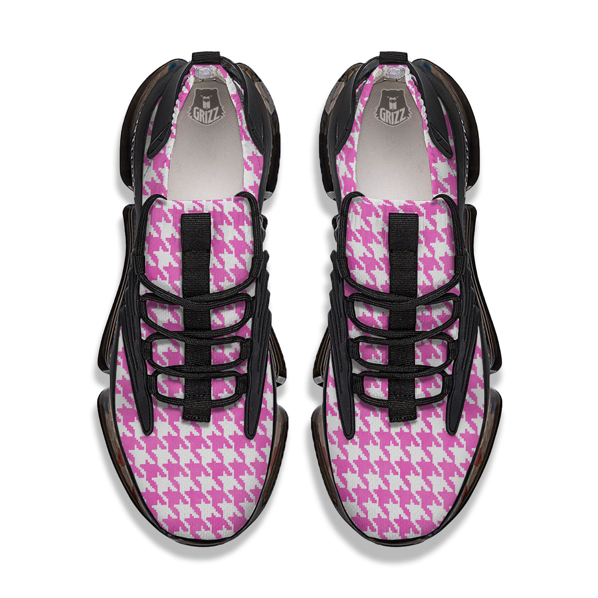 White Houndstooth And Pink Print Black Gym Shoes-grizzshop