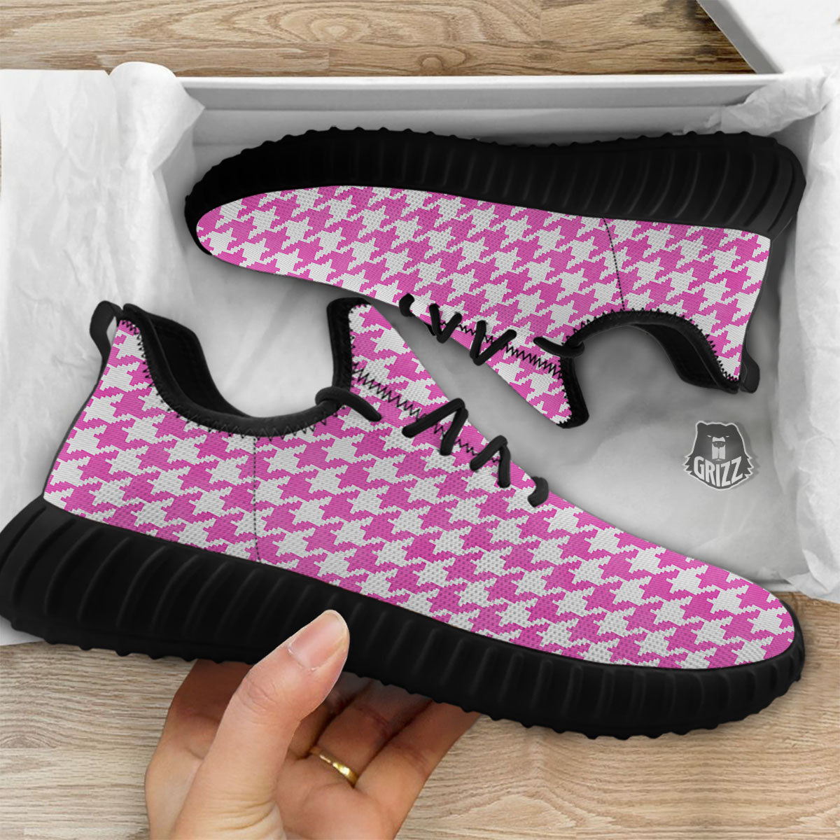 White Houndstooth And Pink Print Black Walking Shoes-grizzshop