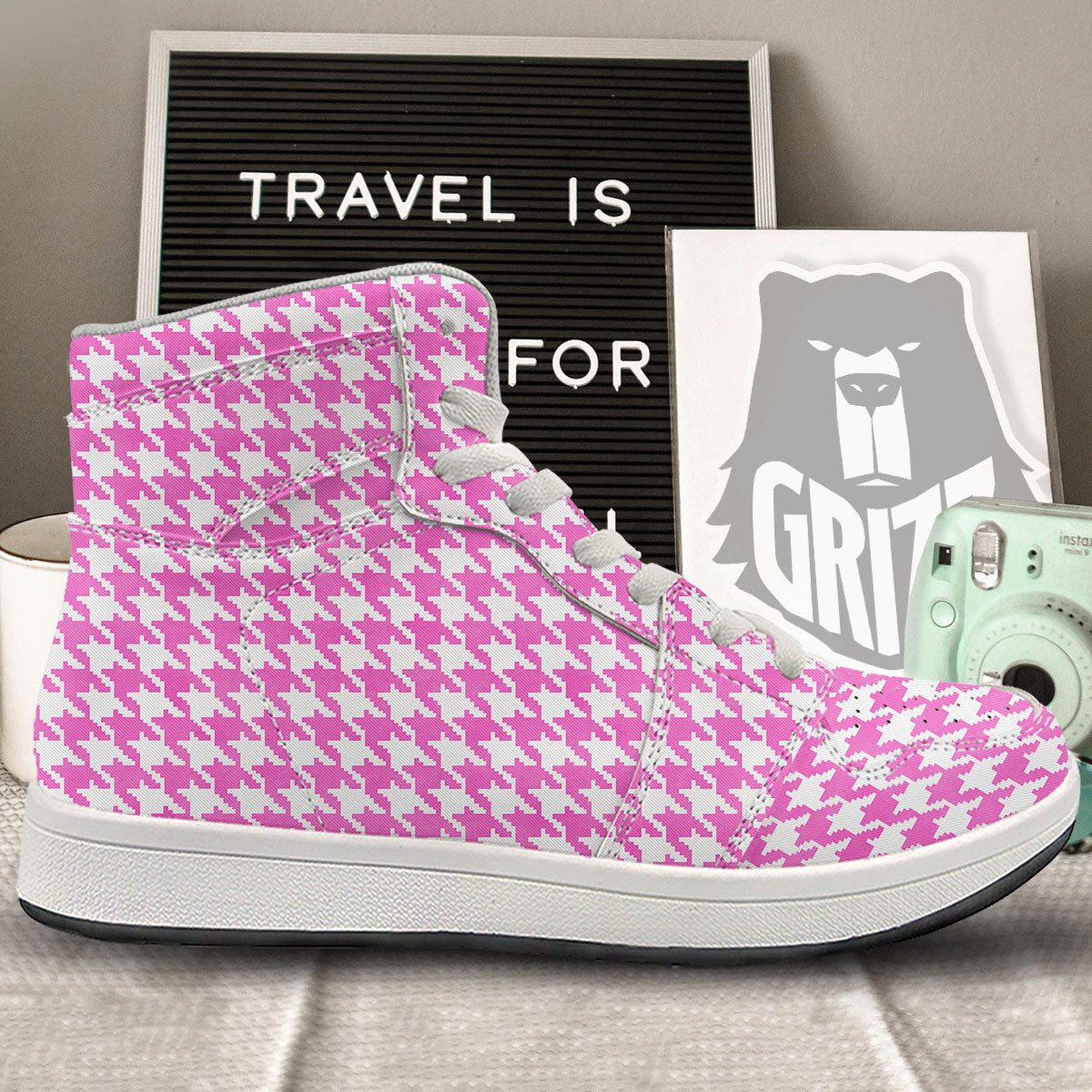 White Houndstooth And Pink Print High Top Sneakers-grizzshop