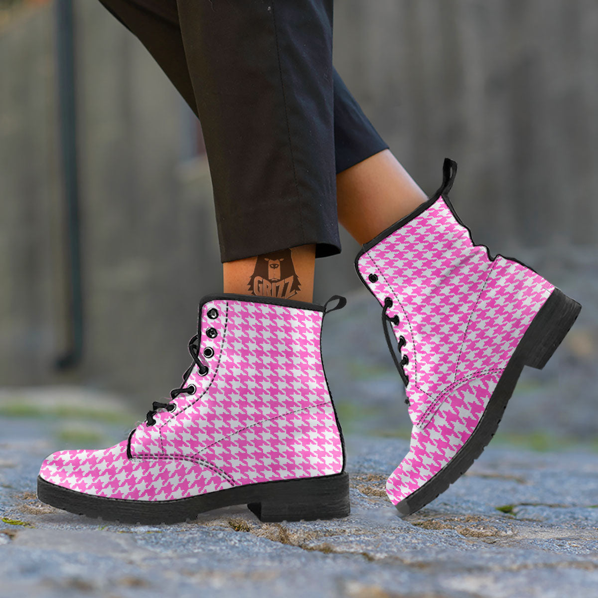 White Houndstooth And Pink Print Leather Boots-grizzshop