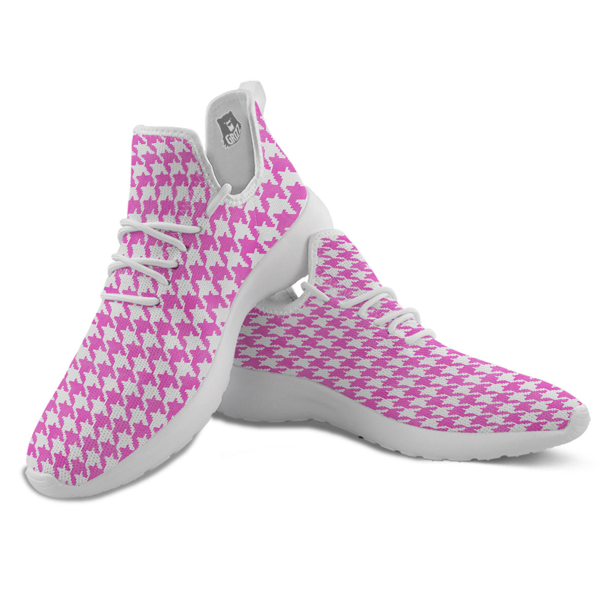White Houndstooth And Pink Print White Athletic Shoes-grizzshop