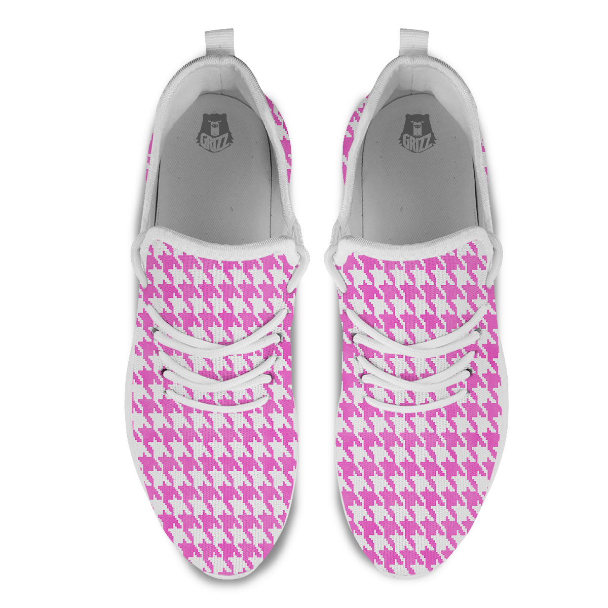 White Houndstooth And Pink Print White Athletic Shoes-grizzshop